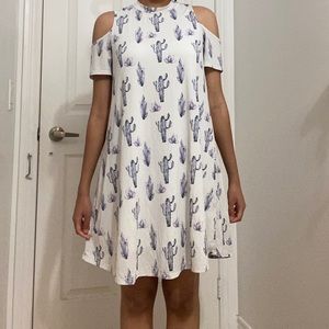 White Cold-Shoulder Dress with Purple Cactus Print